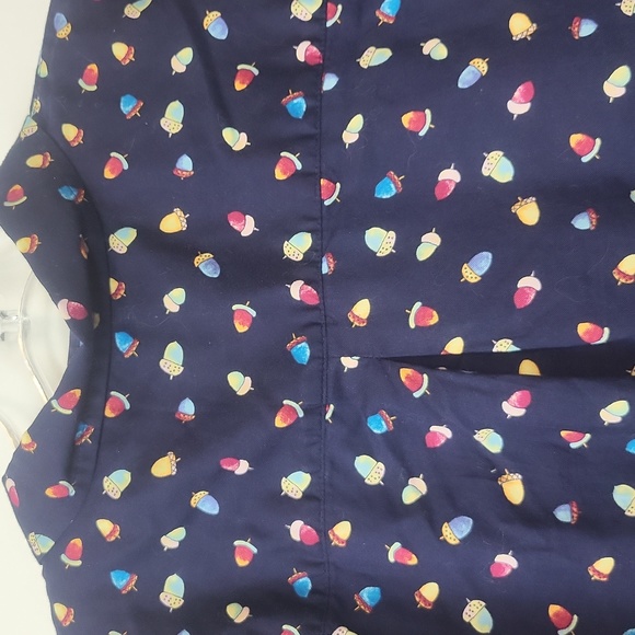 TALBOTS Blue with Multicolored Acorn Print Roll-Tab Sleeves Cotton Blouse - Picture 11 of 14